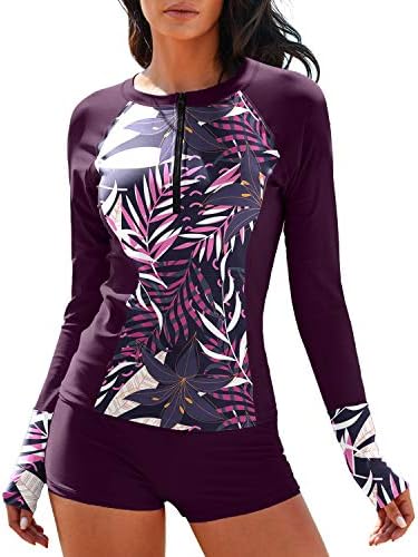 MISSVOG Women Two Piece Rash Guard Long Sleeve Half-Zipper UPF 50 Athletic Surfing Swimsuit PF M
