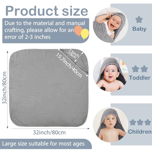 Image of Peryiter 4 Pcs Muslin Hooded Baby Towels, 32 inchx 32 inch Cotton Newborn Bath Towel Muslin Infant Baby Blankets Absorbent Unisex Newborn Registry Gift Essentials for Girls Boys (Gray Series)