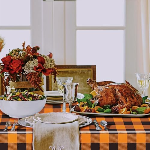 Image of Gistome 3-Piece 54 x 108 Inch Orange and Black Checkered Plastic Tablecloth - Disposable Rectangle Table Cover for Dining, Birthday, Halloween, Thanksgiving, Autumn Fall Themed Decorations