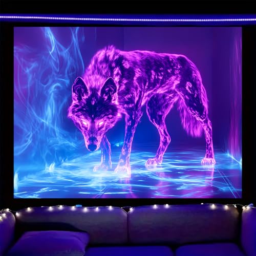 Image of Nuxovilar Neon Wolf UV Reactive Tapestry, 78.74 inchx59.05 inch Polyester | Wolf decor, neon art, blacklight tapestry, animal backdrop for bedroom, dorm, game room (Neon wolf print)