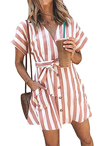 OEUVRE Women V Neck Short Sleeve Wrap Tie Waist Button Down Shirt Dress Striped Pocket Dress with Belt Pink S