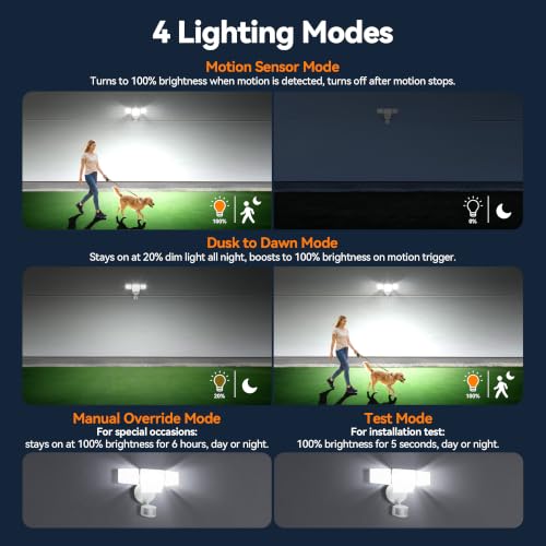 85W 10000LM Motion Sensor Outdoor Lights, 4-Head Super Bright LED Security Light, 5000K Daylight, IP65 Waterproof Hardwired Motion Detector Flood Lights Outdoor for Garage, Yard (White) - Image 5