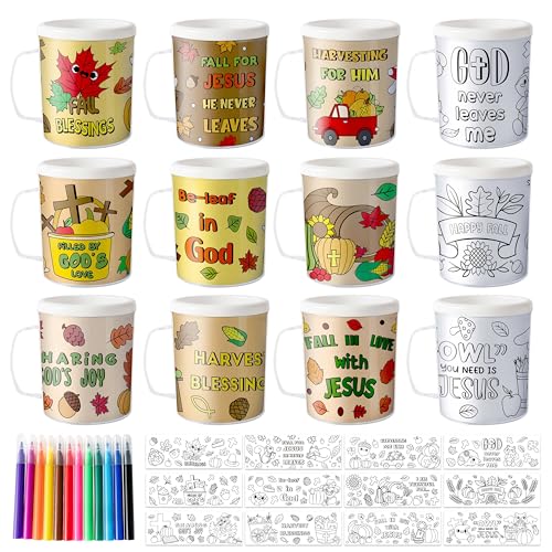 Fall Color Your Own Mugs for Kids - 12Pcs Thanksgiving Bulk 8oz Personalized Coffee Mugs with 36Pcs Insert Paper Religious DIY Plastic Cups for Autumn Holiday Party School Home Activities Supplies