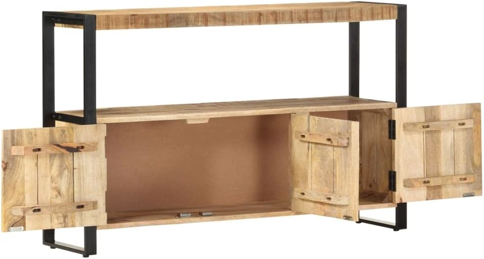 Industrial Solid Mango Wood Side Cabinet with Powder-Coated Steel Frame, 3 Doors and Built-in Shelf for Spacious Storage, Modern Rustic Furniture for Living Room Hallway