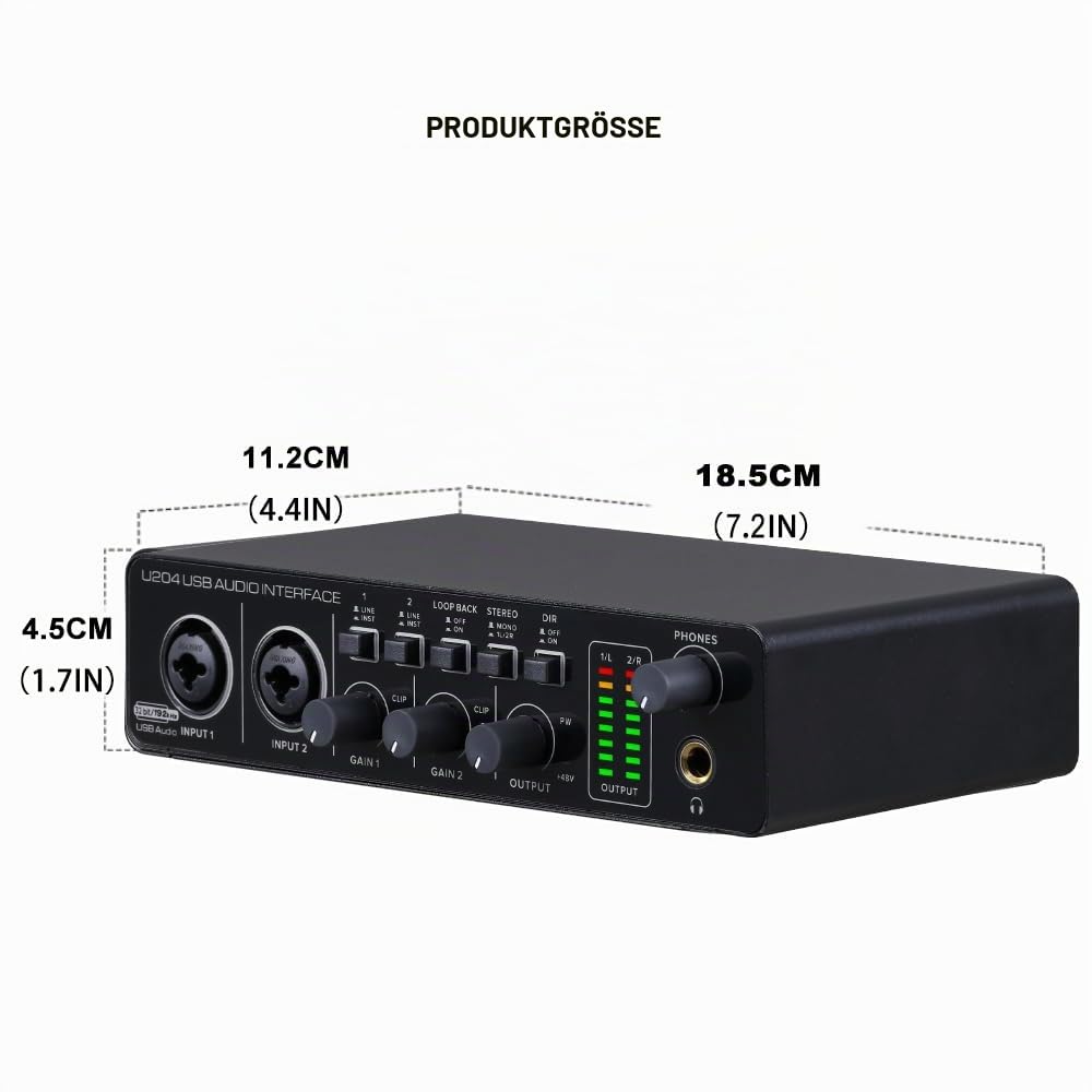 BOMGE U204 USB-Audio-Anschluss für die Aufnahme von Musik auf PCs, 2x2 Gitarren-Audio-Anschluss für Mac 32-Bit/192kHz Podcast-Streams, für Sänger-Produzenten mit 48V Mirage