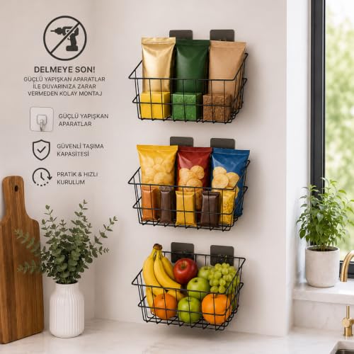 21x21 cm Yapışkanlı Duvar Sepeti 3'lü Set - Ekonomik Ev, Banyo ve Ofis Düzenleyici Metal Tel Sepet Kombini (Siyah)
