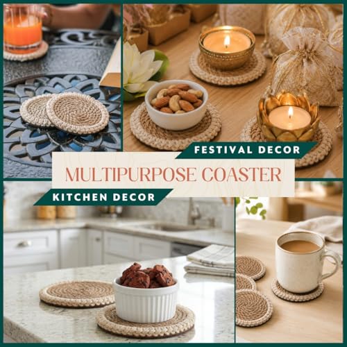Image of Jute Bloom Coaster Set of 4 | 4x4 Inch Round Natural Beige Jute Coasters with Sea Shell Boho Design | Tea Coffee Mug Glass Cup Coasters for Dining Table & Hot Pots, Kitchen & Home Decor