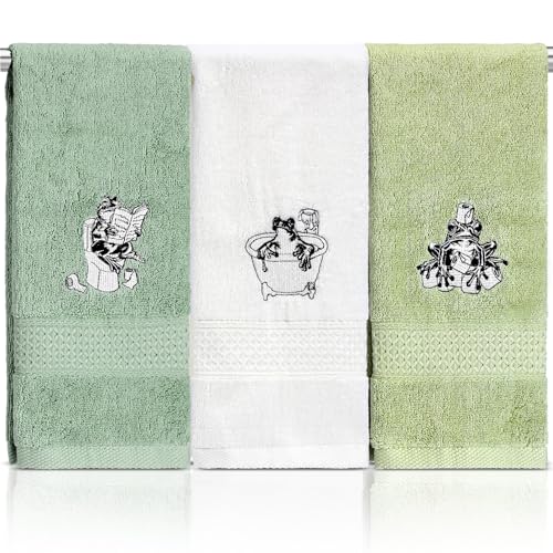 Breling 3 Pcs Frog Hand Towels for Bathroom Frog Kitchen Hand Towels 13.3 x 29 Inch 100% Cotton Soft Embroidered Washroom Decoration for Animal Lover Restroom Decorative Gifts