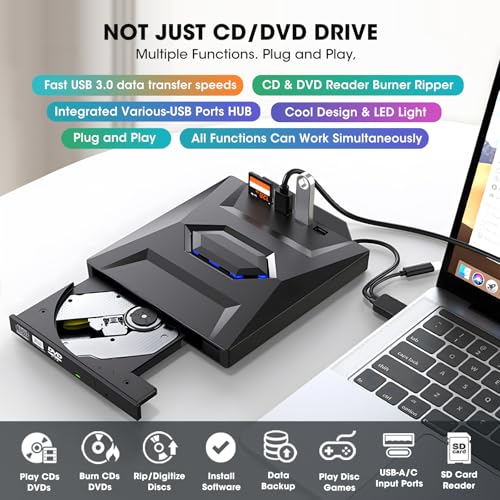 Image of ROOFULL External CD DVD Drive with USB 3.0 Type-C Ports + SD Card Slot + Carrying Case for Laptop PC, CD DVD + /-RW Reader Writer Burner Player ROM Optical Disk Drive for Windows, Mac, Linux Computers