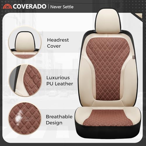 Image of Coverado Front Seat Covers, Luxury Diamond Leather Car Seat Cover with Carbon Fiber Weave, Waterproof Car Seat Cover Driver Seat Cover Spill-Proof Design Universal Fit for Most Cars, Beige&Brown