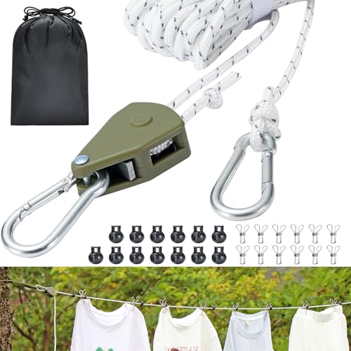 Retractable Travel Clothesline, 19FT Adjustable Heavy-Duty Line with Reflective Pulley System, Stainless Hooks & Clips – Portable for Camping, Cruise, Hotel, Balcony & Outdoor Laundry (Army Green)
