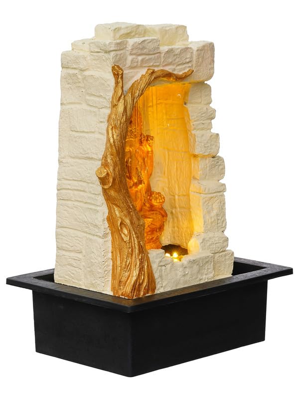 Image of Polyresin Golden Colour Ganesha Idol Table Top Home Decor Indoor Front Curtain Style Waterfall Fountain with Yellow LED & Speed Controller Pump (Size: 40 x 29.5 x 22CM | Weight: 2265grm)