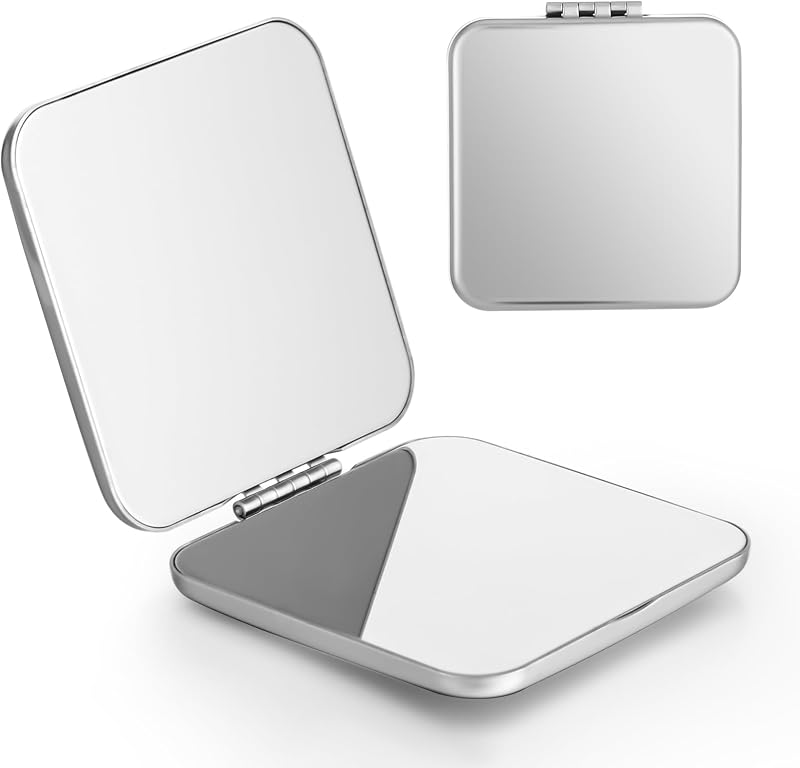 Espelho compacto Dimeho de metal, dobrável e dupla face, Silver-square