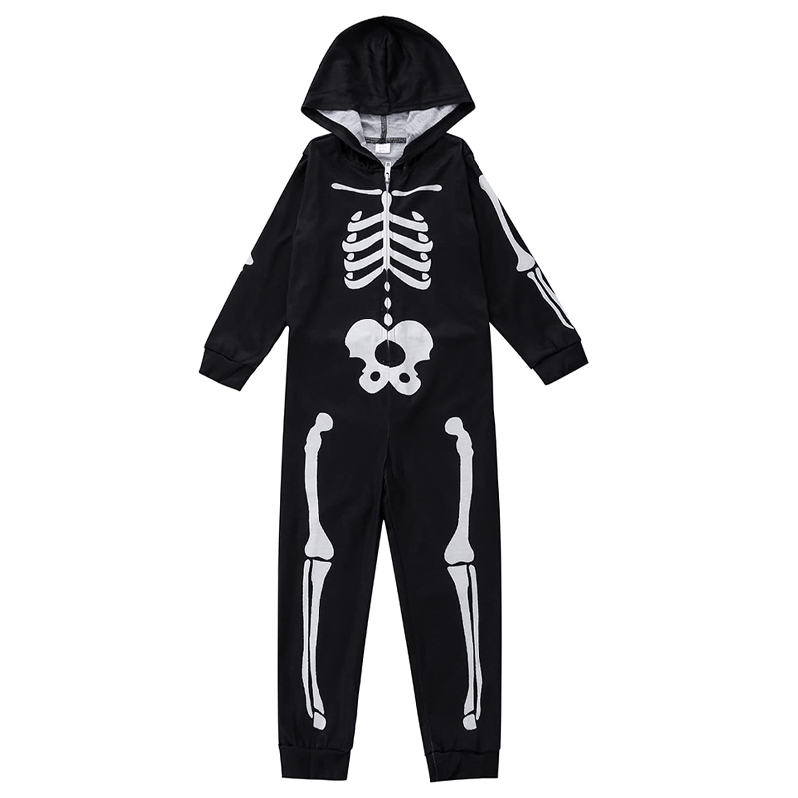 JanzoomHalloween Jammies, Skeleton Printing Special Family One Piece Pajamas Polyester for Parties Kids 8-9Y Black