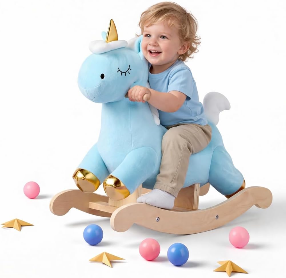 Plush Rocking Animal Toy for Toddlers 18 Months+, Soft Ride-On Rocker with Wooden Base, Rocking Horse, Safe Easy-Grip Handles, Nursery Playroom Kids Gift