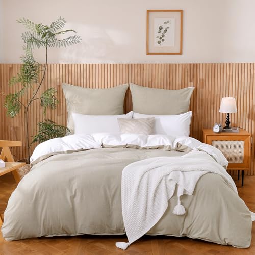 ATsense Ropa de cama de 155 x 220 cm, algodón de 2 piezas, color beige y gris, 100 % algodón lavado con textura de lino, Öko-Tex, para alérgicos, 1 funda nórdica con 1 funda de almohada de 80 x 80 cm