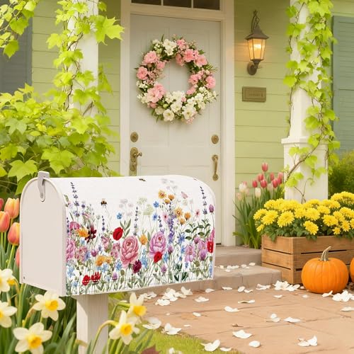 Mailbox Covers Magnetic Standard Size, Spring Mailbox Wraps with Wildflower Floral Meadow Bee Butterfly Botanical Design, Holiday Outdoor Garden Yard Decor