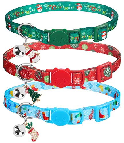 3 PCS Christmas cat Collar Adjustable Quick Separation Collar with Bells and Christmas Pendant Nylon Collar Green red Blue for Christmas Cats Kittens Costume Decorations