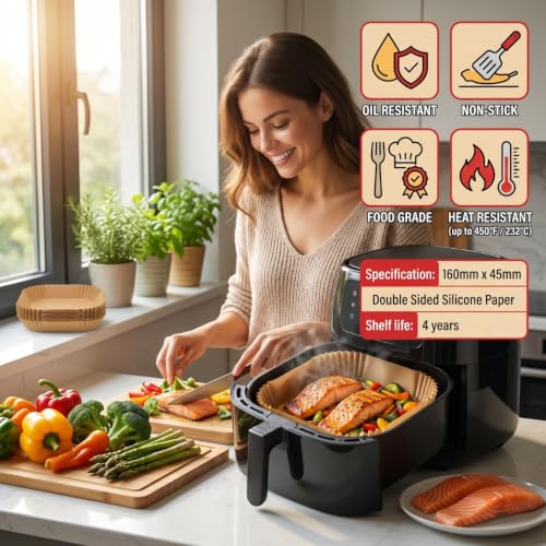 Image of Sakoraware 100 PCS Paper Liners 8 x 8 Inches, Disposable Non-Stick Parchment Paper for Air Fryer Oil Proof, Food Grade Baking Paper for Roasting, Baking & Cooking