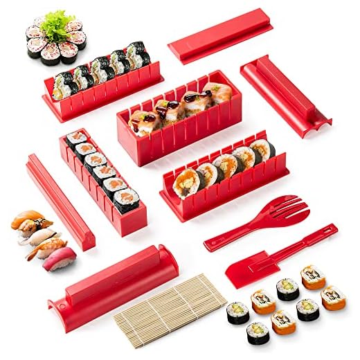 Virklyee 11 PCS Set de Sushi Sushi Kit Completo para Moldes para hacer Sushi en casa Adecuado para principiantes Sushi Utensilios con Formas Únicas y Divertidas (Rojo)