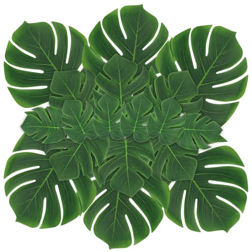 ARTKAIKE Artificial Palm Monstera Green Leaves for Birthday Party Table Decor Realistic Tropical Fake Plants for Dinosaur/Jungle Luau & Safari Theme Events (18 Monstera)