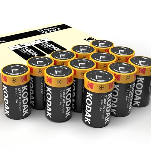 Kodak Xtralife Lot de 12 piles alcalines D 1,5 V (LR20) pour lampes de poche, jouets, lampes de poche et appareils électroniques à haute consommation - Durée de vie de 10 ans