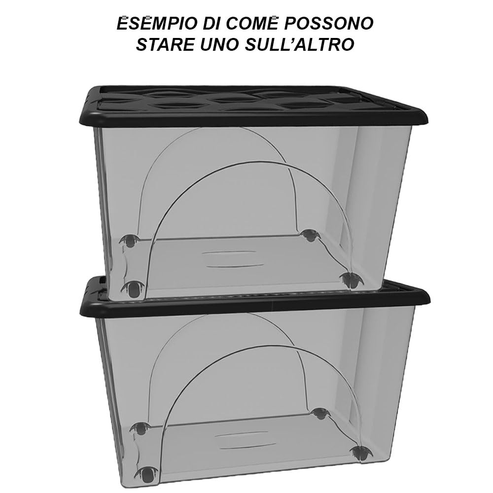 2 Scatole Multiuso 60x40x33 Organizer Box Portaoggetti Contenitore 60 LT STORAGE Salvaspazio con Coperchio Nero e 4 Ruote Sovrapponibile cassa organizzazione cesta indumenti Casa Bagno Ufficio