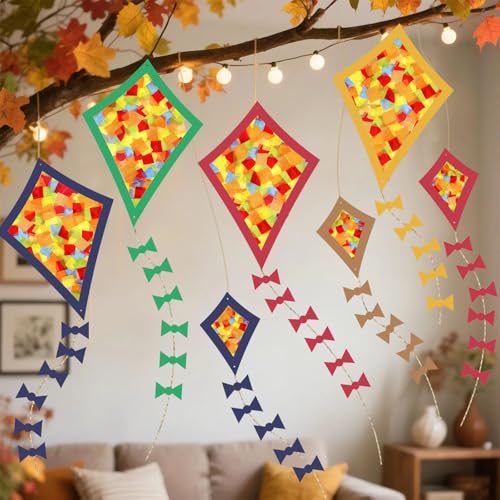 Herbstbasteln für kinder, Fensterbilder Herbst Basteln, Herbstdeko Papierkite, DIY Herbst Bastelset, Herbstbasteln mit 12 Papierdrachen… – Ansicht 2
