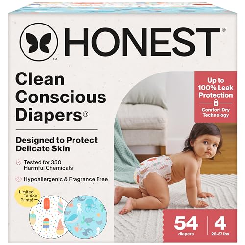 Image of The Honest Company Comfort Dry Disposable Diapers for Sensitive Skin, Hypoallergenic, Fragrance-Free, Summer '25 Seasonal Prints Club Box, Size 4 (22-37 lbs), 54 Count