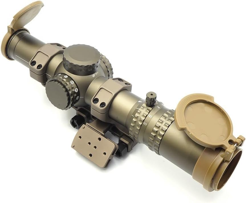 Optic First Focal Plane 1-8X24mm 34mm Tube Diameter LPVO FFP Scope，with C/1 Offset Miniature Red Dot Sight Mount Base Combo，10 Levels Brightness Adjustment，Compatible with NV Night Vision System，Tan