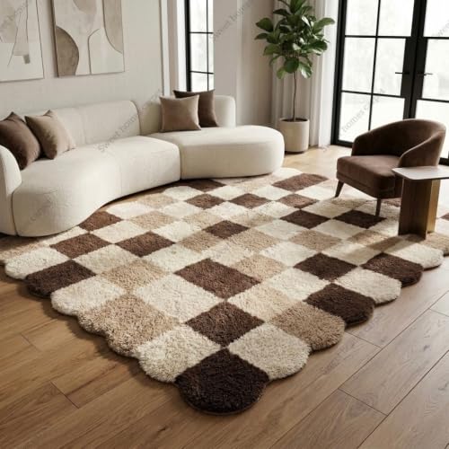 Image of SWEET HOMES Brown Beige Carpet for Living Room Shaggy Checkered Area Rug | Ultra Soft Irregular Shape, 6 x 8 Feet (183 x 244 cm), Beige-Brown A1