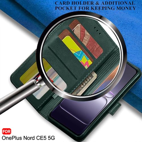 Image of TheGiftKart Genuine Leather Finish Flip Back Cover Case for OnePlus Nord CE 5 5G | Inbuilt Pockets & Stand | Wallet Style | Designer Button | Flip Back Cover for OnePlus Nord CE5 (Faux Leather, Green)