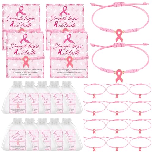 20Sets Breast Cancer Awareness Bracelets with Inspirational Cards Organza Bags Adjustable Pink Ribbon Breast Awareness Bracelets for Women Cancer Fighters Fundraiser Events Survivors Support Gifts