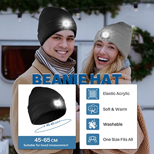 Bosttor LED Beanie Hat with Light, Rechargeable Headlamp Cap, Unisex Winter Warm Knitted Hats, Headlight Flashlight for Running Hiking Camping,Tech Gifts for Men Women Handyman Teens Black Grey