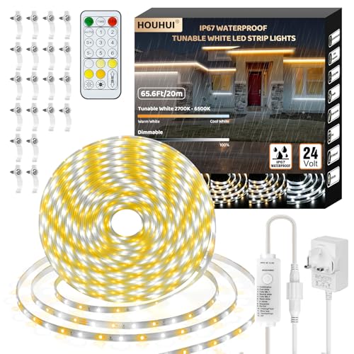HOUHUI Outdoor White LED Strip Lights Waterproof IP67, 20metre 2700K-6500K Tunable White LED Light Strip with Remote, Exterior Warm to Cool White LED Tape Lights Strip for House Balcony Deck Roof Pool