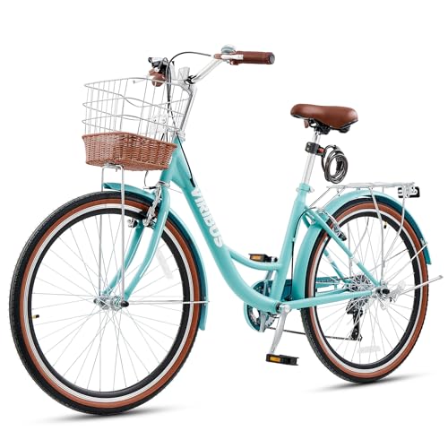 VIRIBUS Beach Cruiser Bike for Women, 7 Speed Womens Bike, 24 inch Cruiser Bicycle with Rattan Basket, City Commuter Vintage Retro Step Through Bicycle for Female Ladies Seniors, 330 Lb. Turquoise