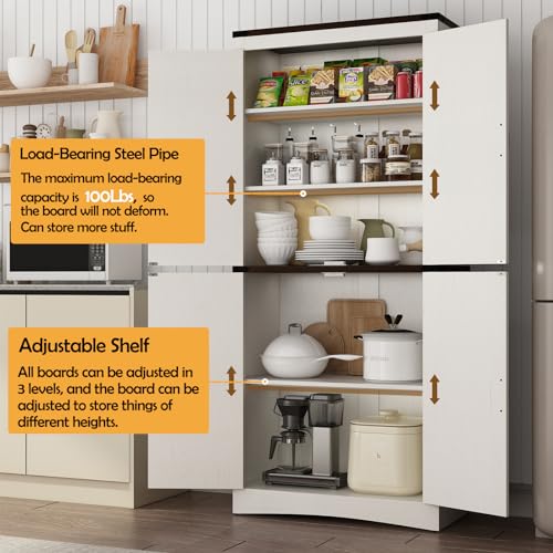 71in-Farmhouse-Kitchen-Pantry-CabinetTall-Storage-Cabinet-with-4-Doors-and-Adjustable-shelveswith-Load-Bearing-Steel-PipeWood-Storage-Cabinets-for-KitchenDining-RoomBathroomWhite 71in Farmhouse Kitchen Pantry CabinetTall Storage Cabinet with 4 Doors and Adjustable shelveswith Load Bearing Steel PipeWood Storage Cabinets for KitchenDining RoomBathroomWhite