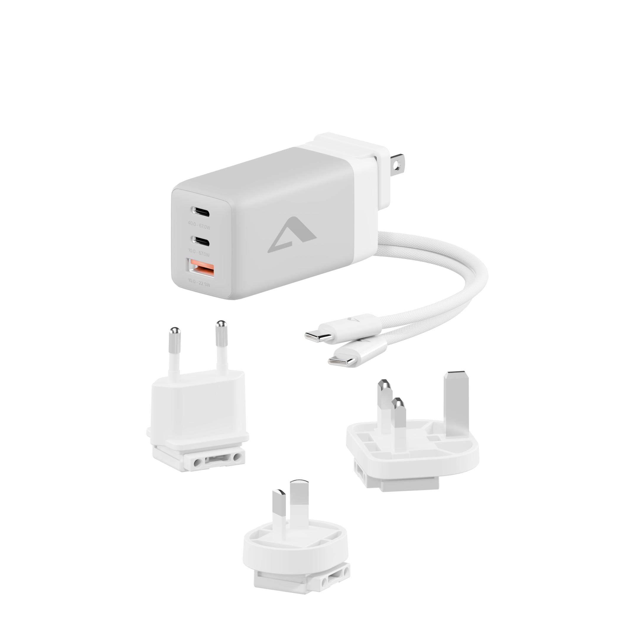 Alogic 3 x 67 Rapid Power, caricabatterie PD da 67 Watt, caricatore da viaggio (EU, UK, US e AU/NZ), tecnologia di ricarica GaN, 2 x USB-C, USB-A, cavo, bianco