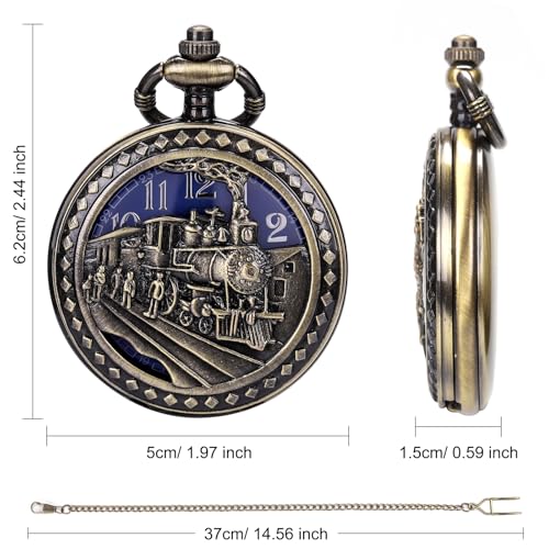 Image of SIBOSUN Antique Men Pocket Watch with Chain Oversized 50MM 1.96 Inch 3D Locomotive Steam Train Railroad Hollow + Box