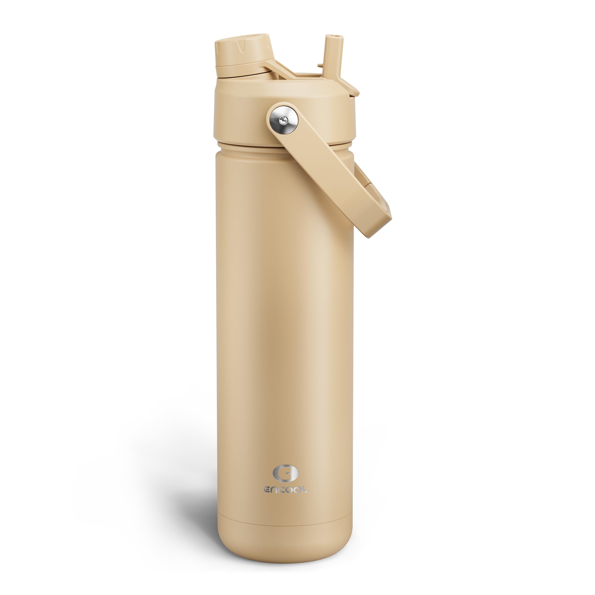 ENCOOL Insulated Water Bottle with Straw Stainless Steel Water Bottle, Leak-Proof, BPA-Free, Double Wall Vacuum Keeps Cold for 24 Hours for Sports, Travel, School (26 oz, Indian Khaki)