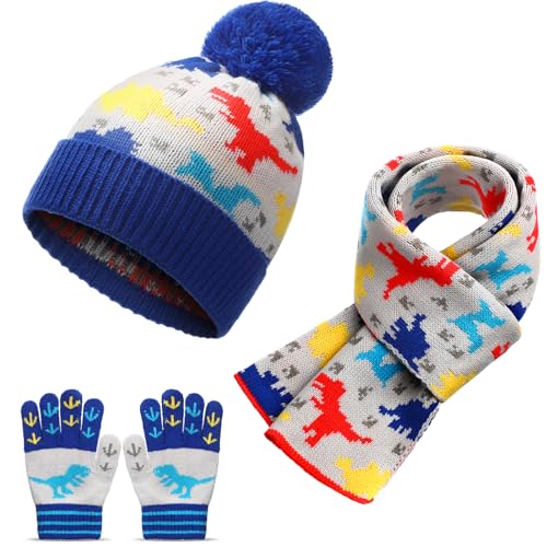 Fourluoo Kids Winter Hat Gloves Scarf Set Dinosaur Children Hat Beanie with Pom Winter Knit Neck Mittens for Boys Toddlers(2-4 Years,Blue)