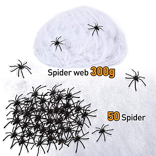 obqo 300g Halloween Spider Web Stretchable Cobweb with 50 pcs Small Spiders Halloween Indoor Outdoor Decorations, Enough to cover 1000 Square Feet