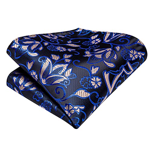 Image of Hi-Tie Black Blue Men's Necktie Sets Floral Jacquard Tie and Pocket Square Lapel Pin Silver Tie Clip Cufflinks Set Wedding Business 6PCS