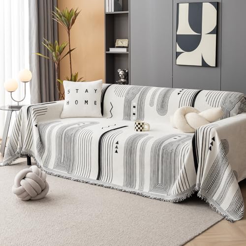 DREAMINGO Chenille Sofa Covers for Dogs Cream Beige Black Stripe Chic Couch Cover Blanket Pet Friendly Sectional Couch Covers for 3 Cushion Couch Sofa Wahsable Throw Sofa Slipcover, 71"x118"