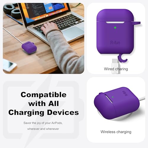Image of AirPods Case Cover with Keychain, Full Protective Silicone AirPods Accessories Skin Cover for Women Girl with Apple AirPods Wireless Charging Case,Front LED Visible-Purple