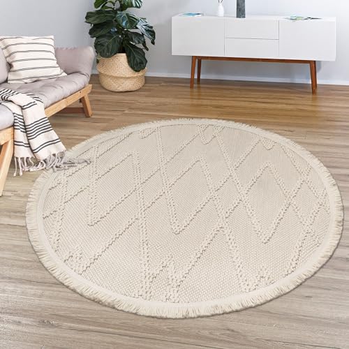 TT Home Wohnzimmer Teppich Kurzflor Rauten Design Geometrisches Skandi Ethno Stil, Farbe: Creme, Größe:120 cm Rund