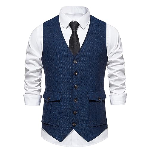 Zeiyignr Men's Herringbone Tweed Suit Vest Casual Wool Blend Waistcoat Single-breasted V Neck Business Formal Dress Vests