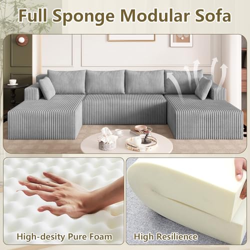 Image of 124 inch Modular Sectional Sleeper Sofa, Boneless Cloud Couch for Living Room, U Shaped 3 Seat Sofa with Deep Seat, Free Combination, Couch in a Box, No Assembly Required (Light Grey)