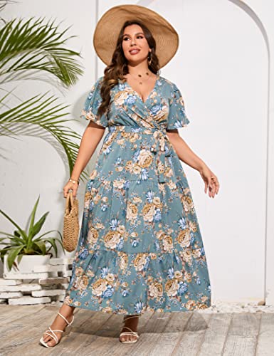 Image of ShopWonder Womens Plus Size V Neck Wrap Maxi Dress High Waist Ruffle Summer Casual Dress with Belt