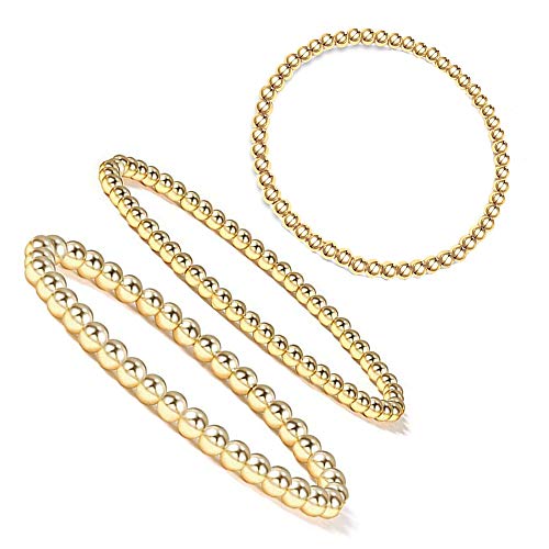3 Pcs Gold Bead Bracelet for Women,14K Gold Plated Bead Ball Bracelet Stretchable Elastic Bracelet